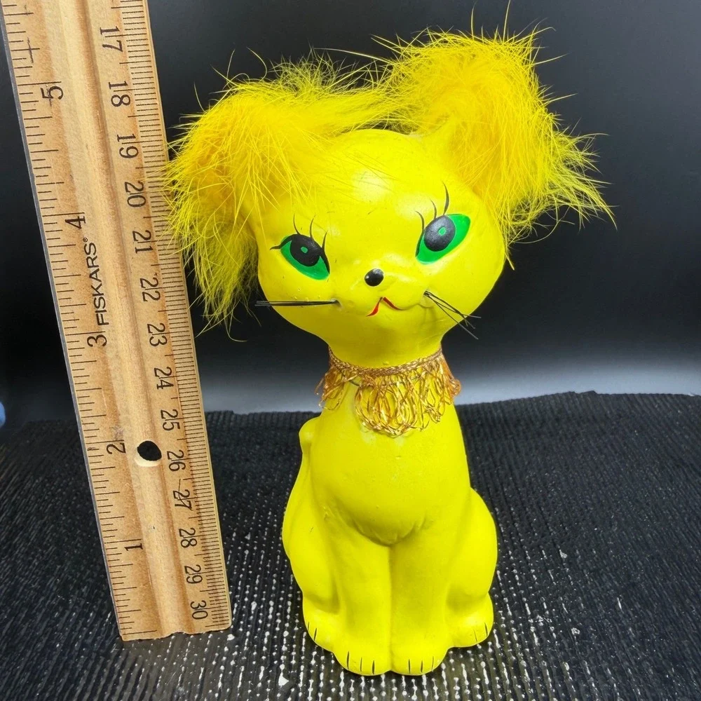 Vintage Norleans Japan Yellow Cat Figurine Feather Ears Mid Century Kitsch 5in
